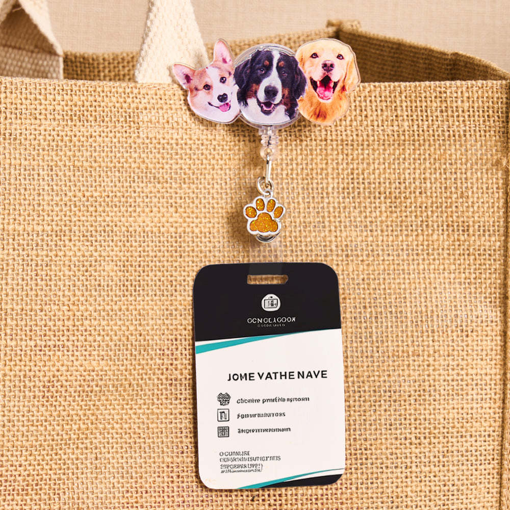 Personalized Pet Portrait Badge Reel with Paw Print Charm Gift for Nurse Pet Lover - SantaSocks