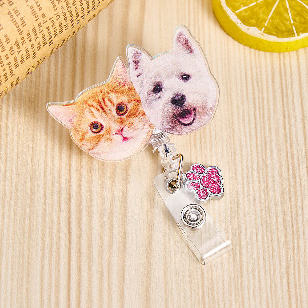 Personalized Pet Portrait Badge Reel with Paw Print Charm Gift for Nurse Pet Lover - SantaSocks
