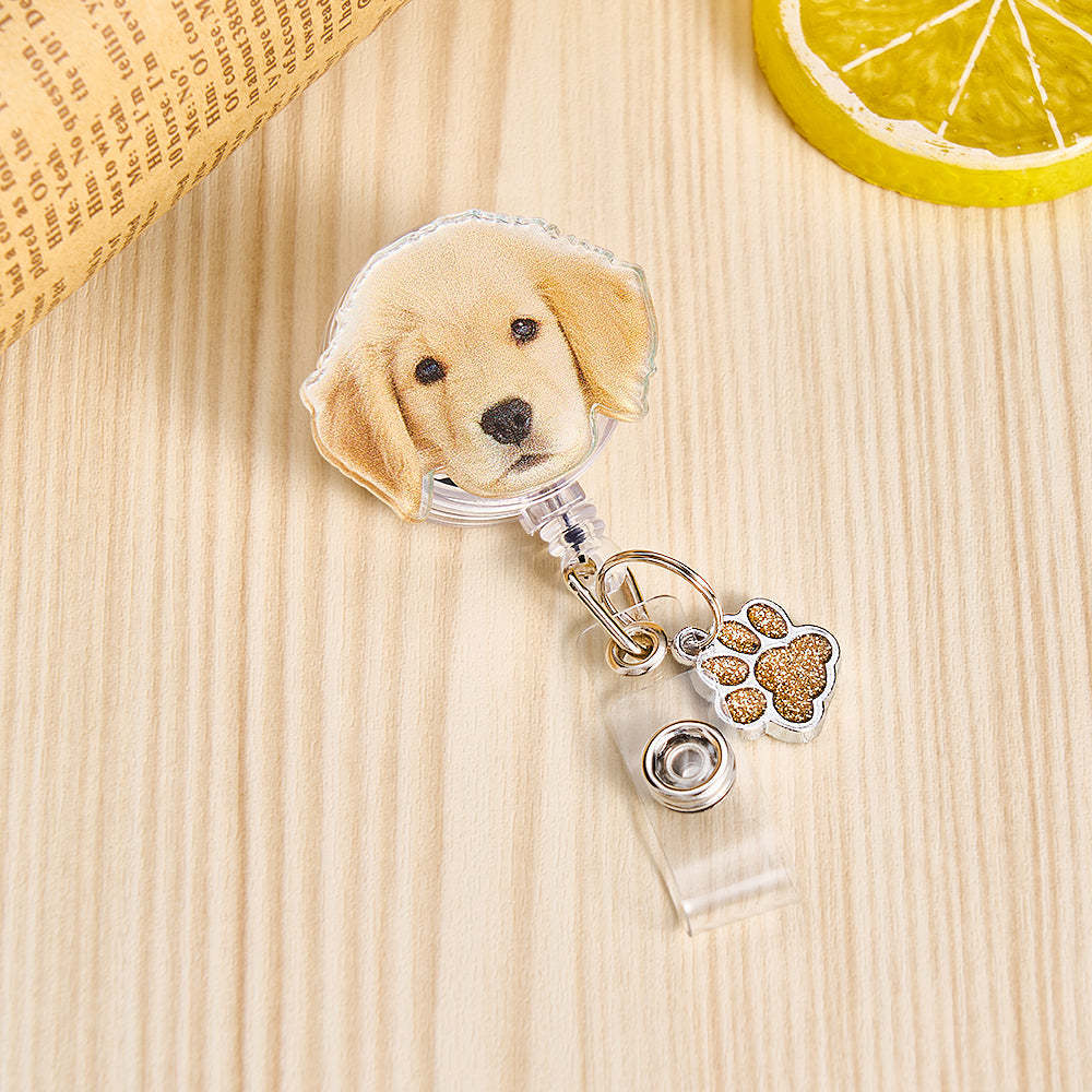 Personalized Pet Portrait Badge Reel with Paw Print Charm Gift for Nurse Pet Lover - SantaSocks