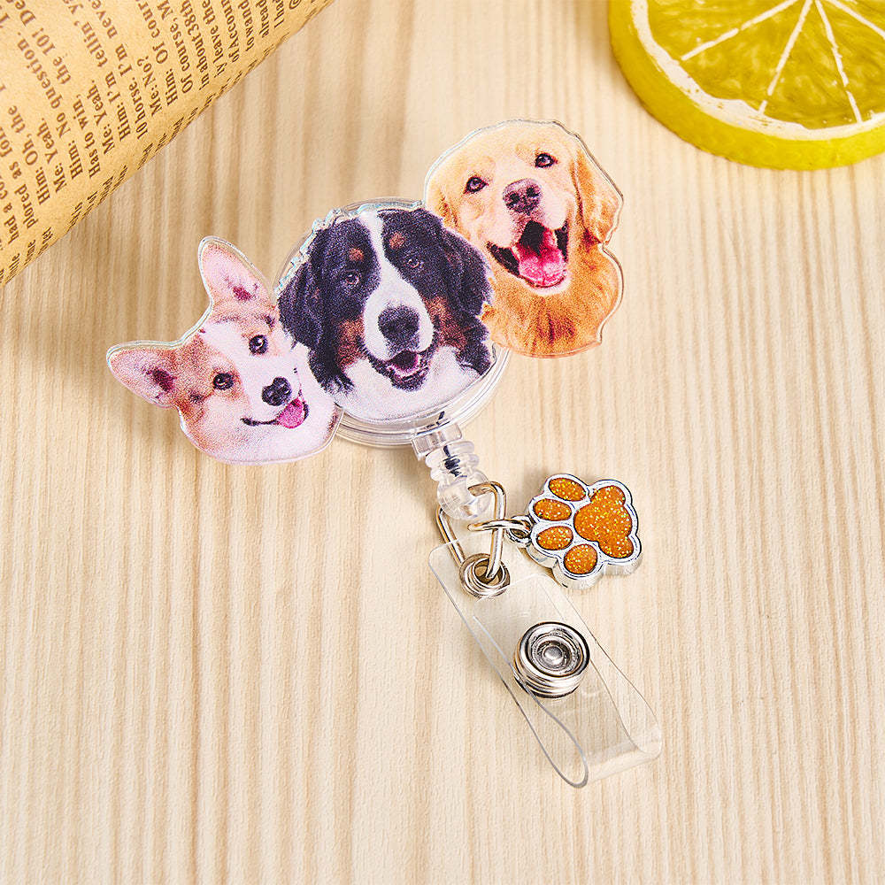 Personalized Pet Portrait Badge Reel with Paw Print Charm Gift for Nurse Pet Lover - SantaSocks