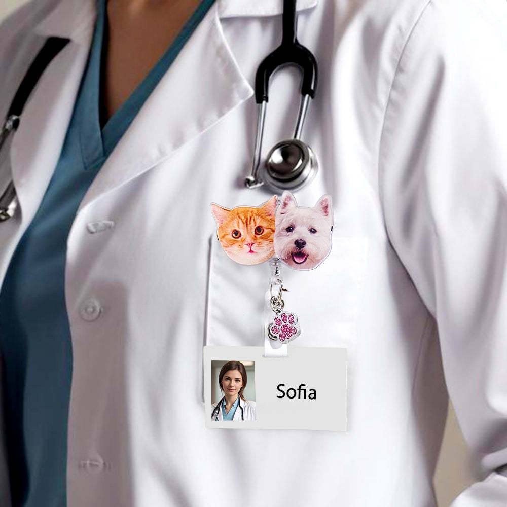Personalized Pet Portrait Badge Reel with Paw Print Charm Gift for Nurse Pet Lover - SantaSocks