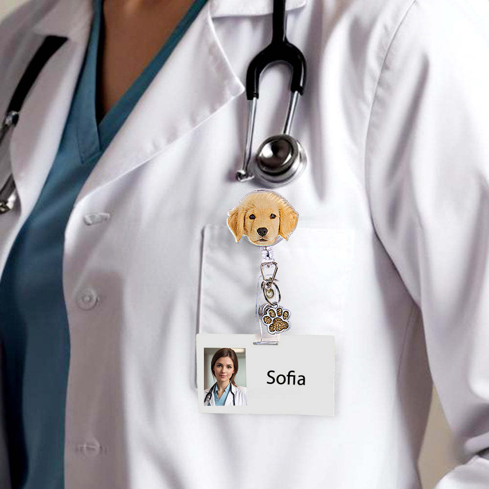 Personalized Pet Portrait Badge Reel with Paw Print Charm Gift for Nurse Pet Lover - SantaSocks