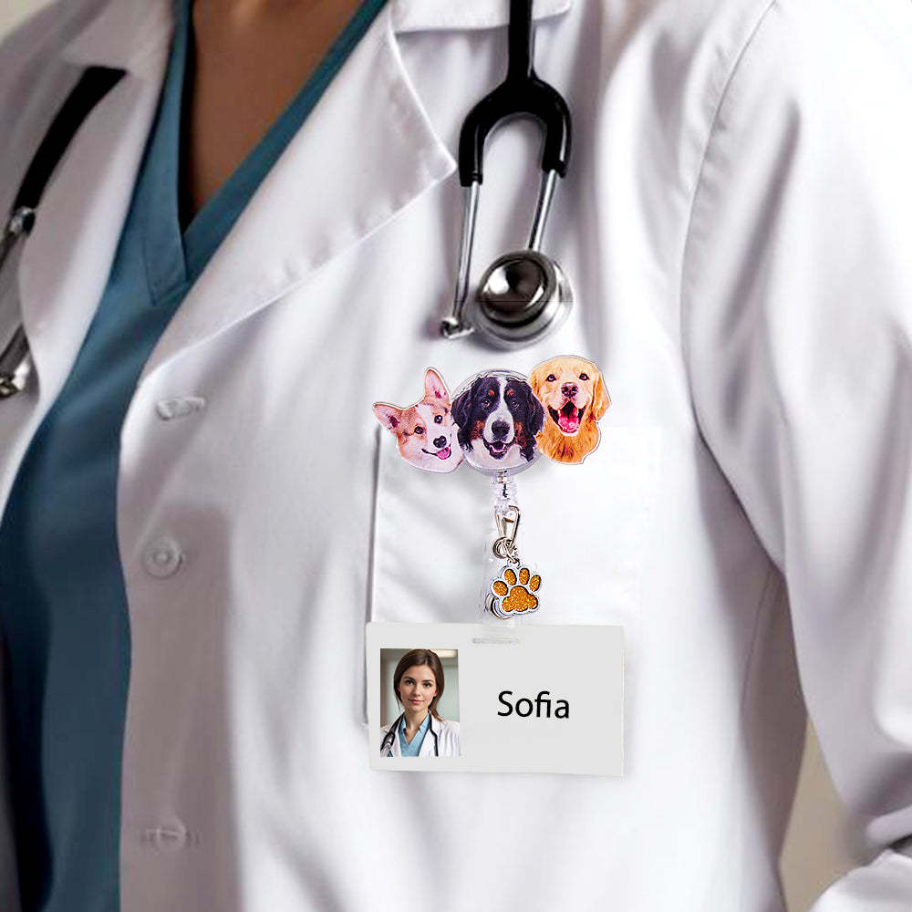 Personalized Pet Portrait Badge Reel with Paw Print Charm Gift for Nurse Pet Lover - SantaSocks