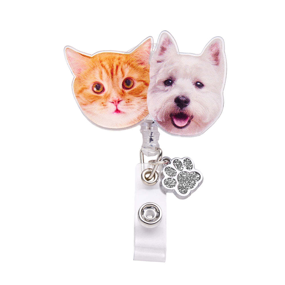 Personalized Pet Portrait Badge Reel with Paw Print Charm Gift for Nurse Pet Lover - SantaSocks