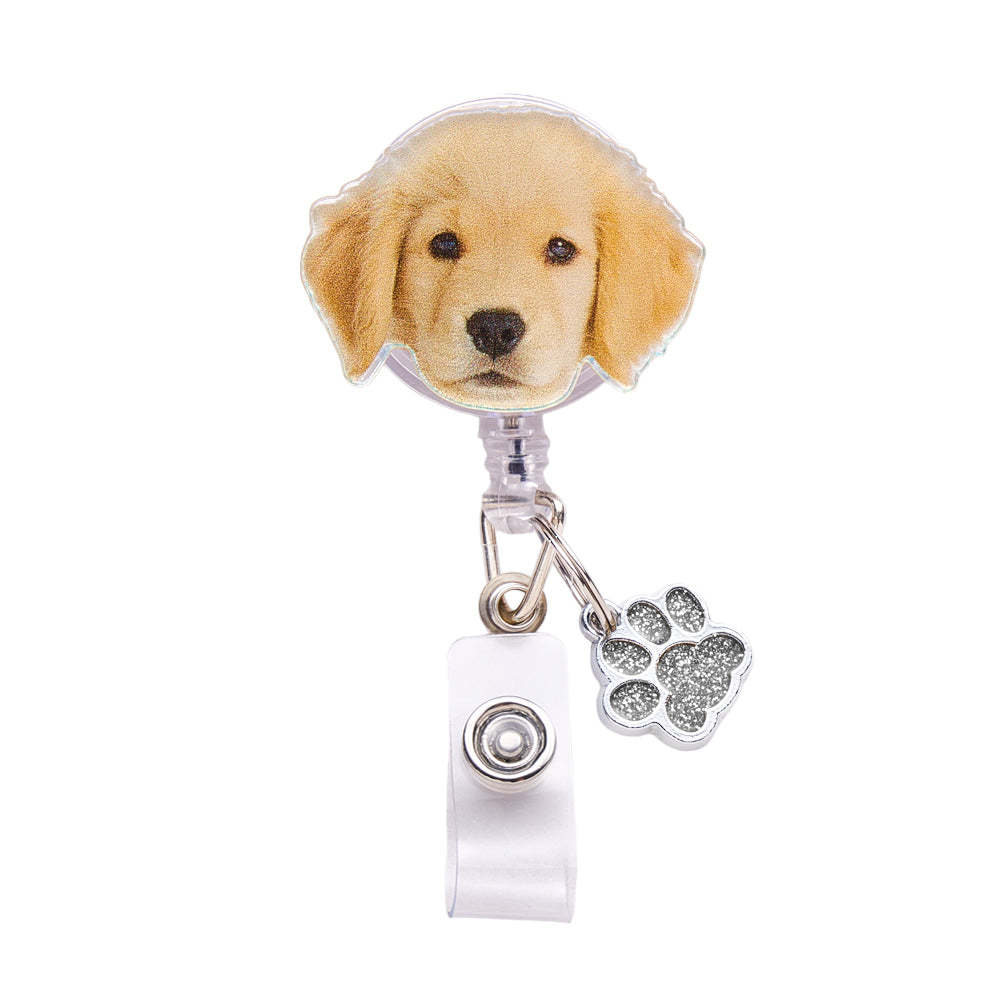 Personalized Pet Portrait Badge Reel with Paw Print Charm Gift for Nurse Pet Lover - SantaSocks