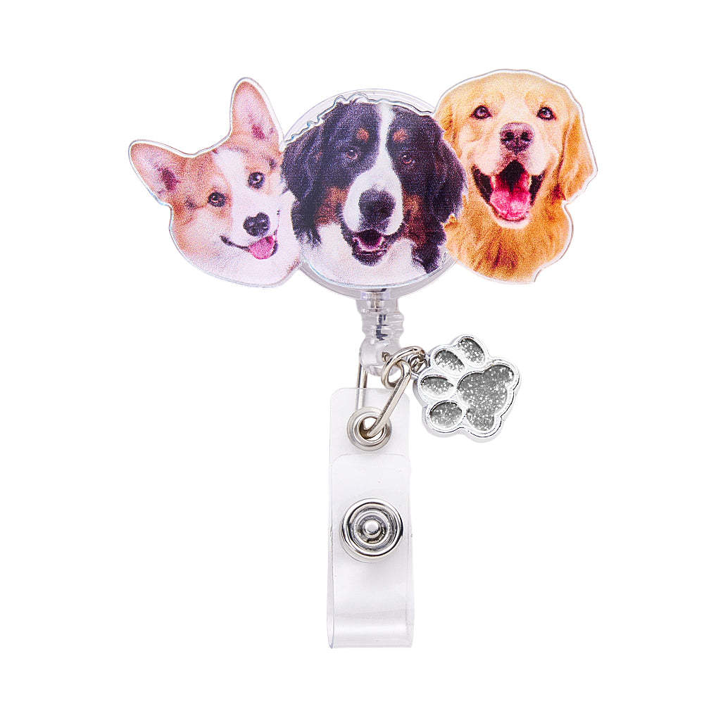 Personalized Pet Portrait Badge Reel with Paw Print Charm Gift for Nurse Pet Lover - SantaSocks