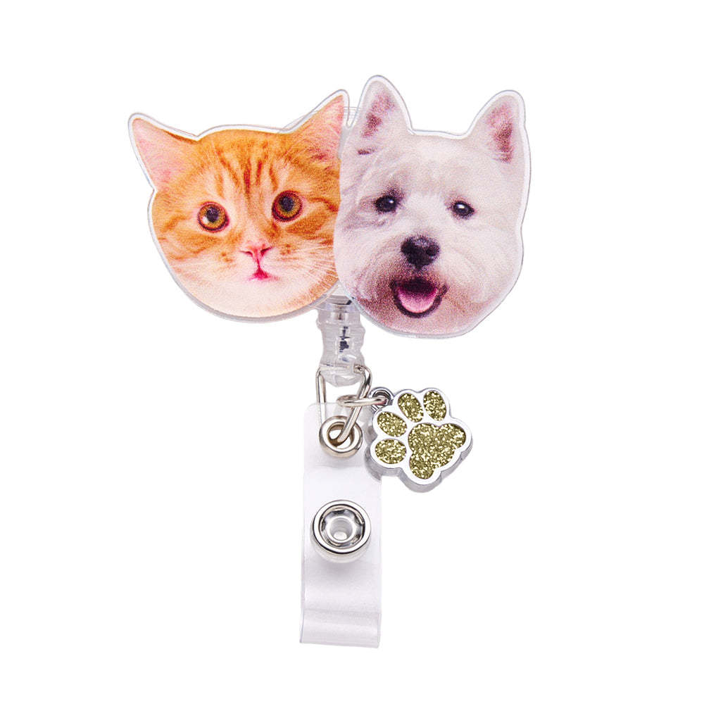 Personalized Pet Portrait Badge Reel with Paw Print Charm Gift for Nurse Pet Lover - SantaSocks