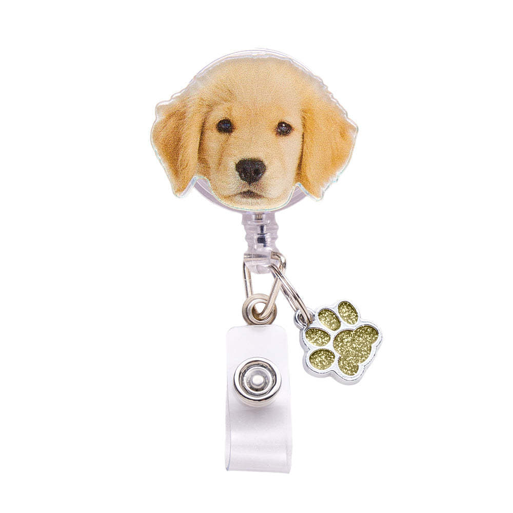Personalized Pet Portrait Badge Reel with Paw Print Charm Gift for Nurse Pet Lover - SantaSocks