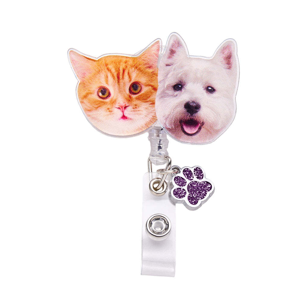 Personalized Pet Portrait Badge Reel with Paw Print Charm Gift for Nurse Pet Lover - SantaSocks