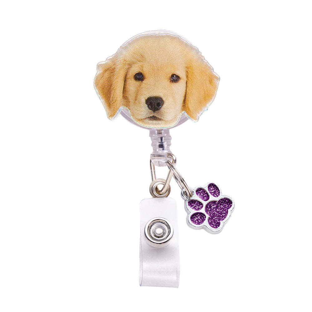 Personalized Pet Portrait Badge Reel with Paw Print Charm Gift for Nurse Pet Lover - SantaSocks