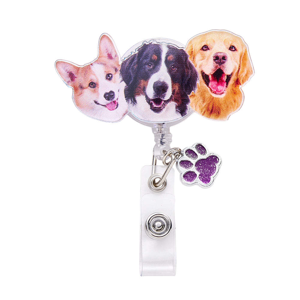 Personalized Pet Portrait Badge Reel with Paw Print Charm Gift for Nurse Pet Lover - SantaSocks