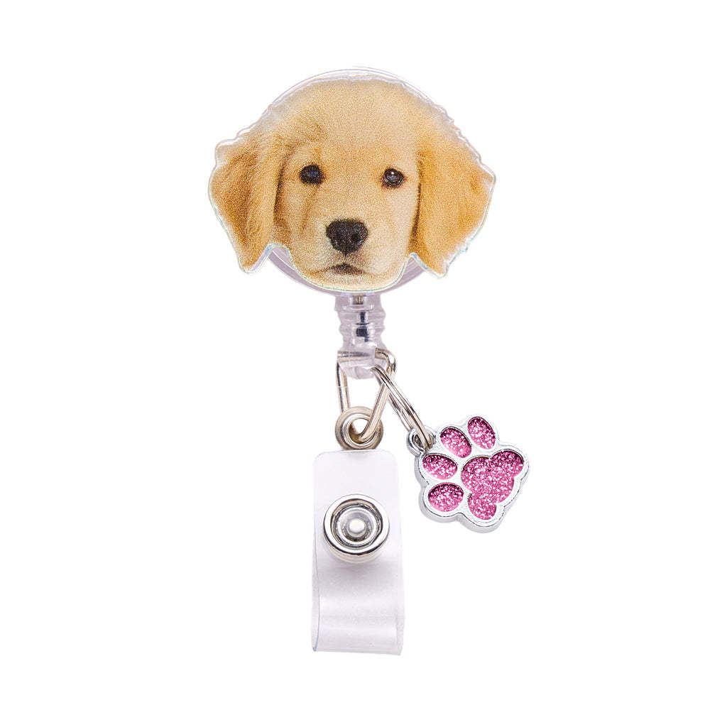 Personalized Pet Portrait Badge Reel with Paw Print Charm Gift for Nurse Pet Lover - SantaSocks