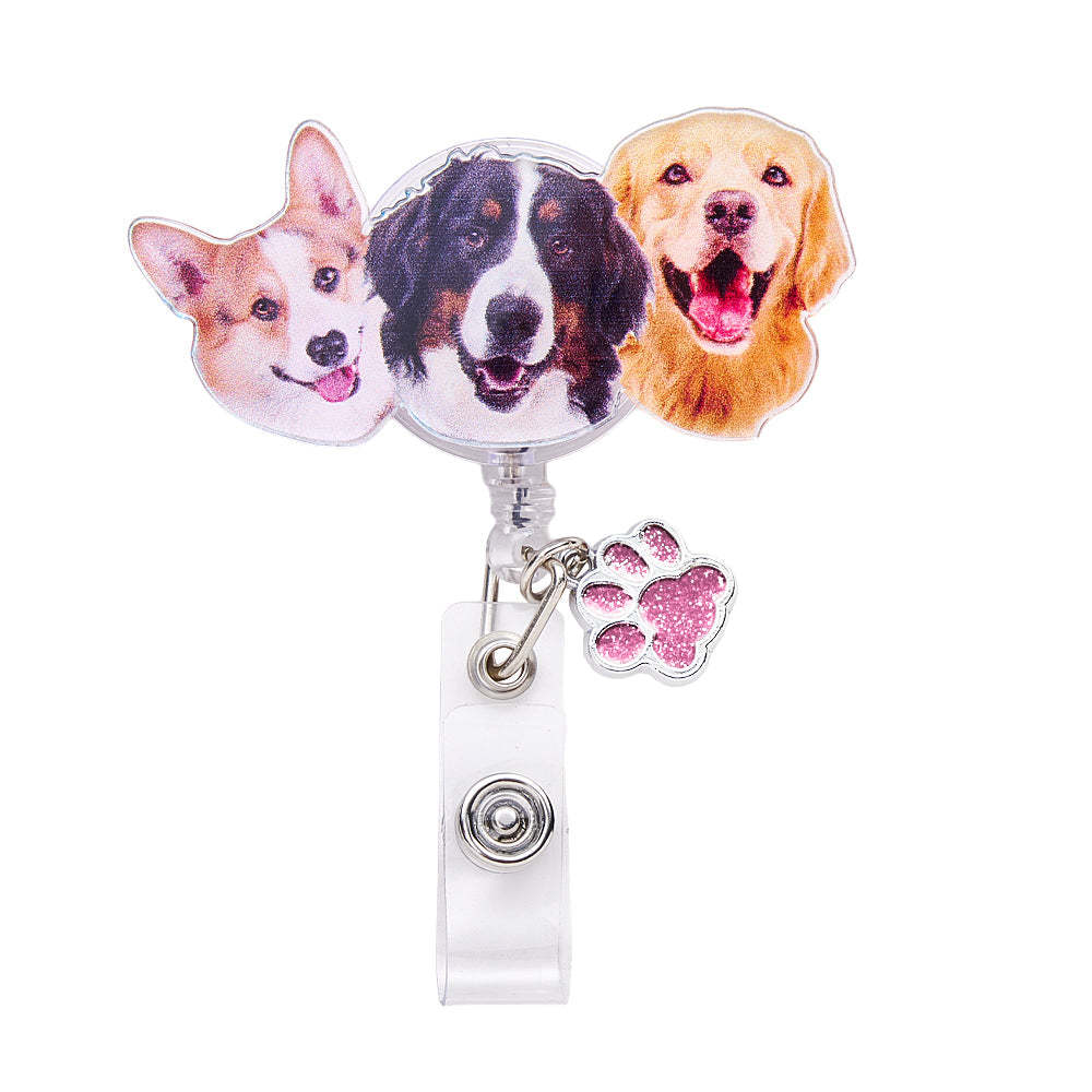 Personalized Pet Portrait Badge Reel with Paw Print Charm Gift for Nurse Pet Lover - SantaSocks