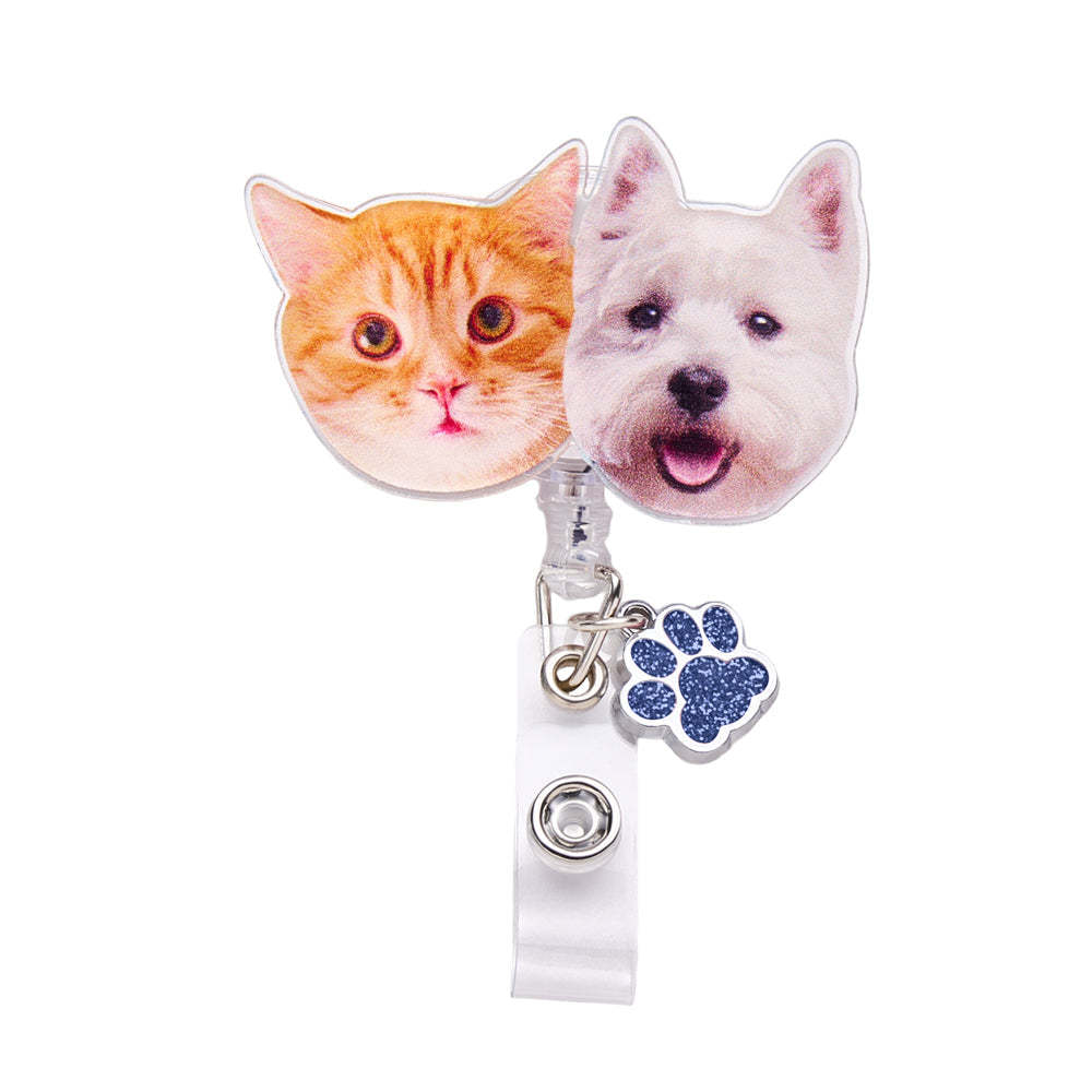 Personalized Pet Portrait Badge Reel with Paw Print Charm Gift for Nurse Pet Lover - SantaSocks