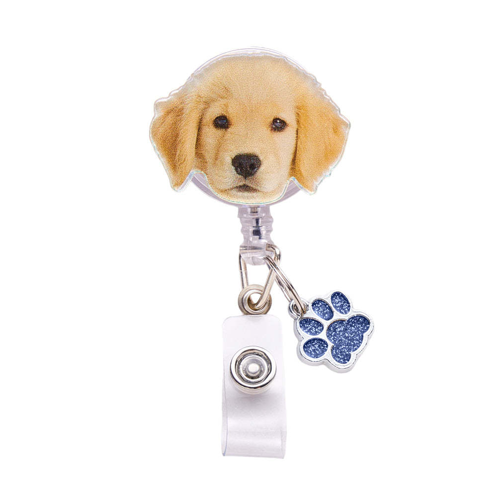 Personalized Pet Portrait Badge Reel with Paw Print Charm Gift for Nurse Pet Lover - SantaSocks