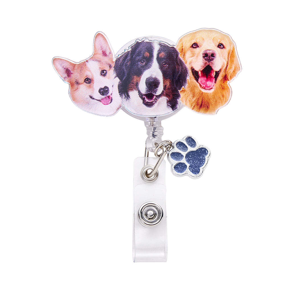 Personalized Pet Portrait Badge Reel with Paw Print Charm Gift for Nurse Pet Lover - SantaSocks
