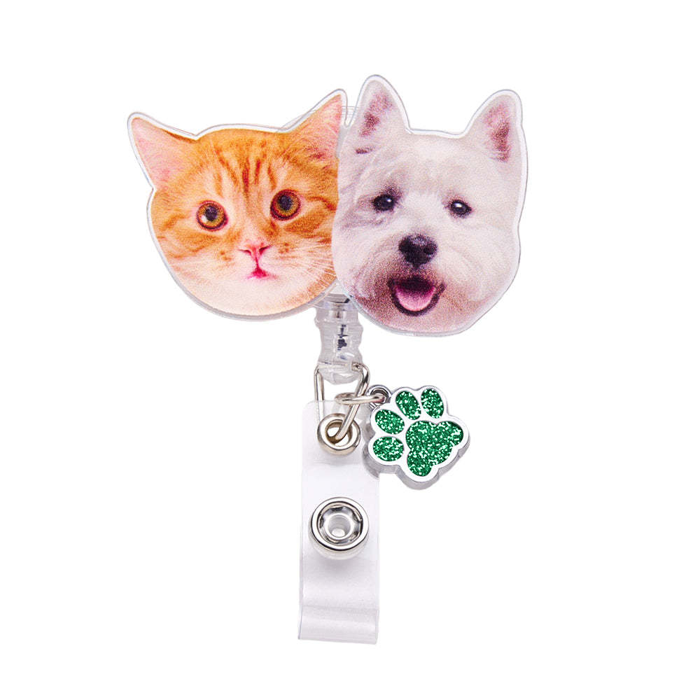 Personalized Pet Portrait Badge Reel with Paw Print Charm Gift for Nurse Pet Lover - SantaSocks