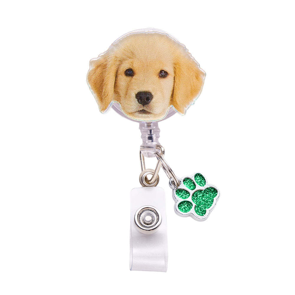 Personalized Pet Portrait Badge Reel with Paw Print Charm Gift for Nurse Pet Lover - SantaSocks