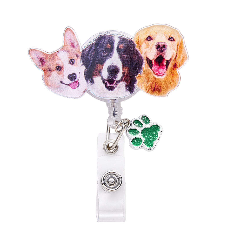 Personalized Pet Portrait Badge Reel with Paw Print Charm Gift for Nurse Pet Lover - SantaSocks