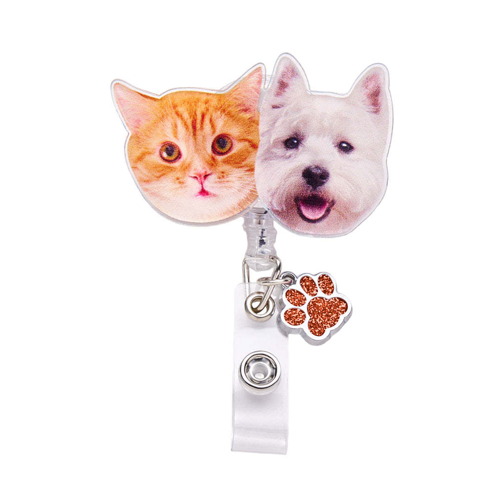 Personalized Pet Portrait Badge Reel with Paw Print Charm Gift for Nurse Pet Lover - SantaSocks
