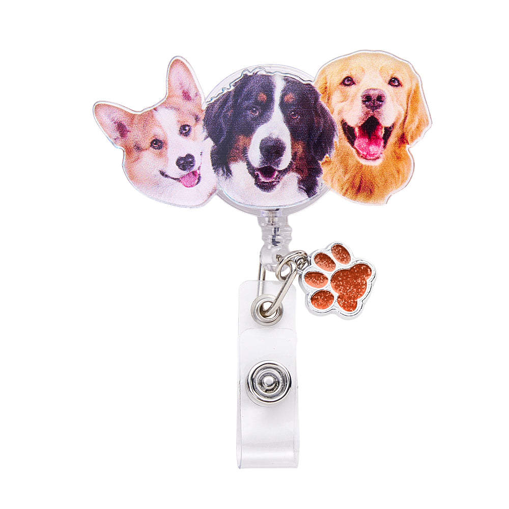 Personalized Pet Portrait Badge Reel with Paw Print Charm Gift for Nurse Pet Lover - SantaSocks
