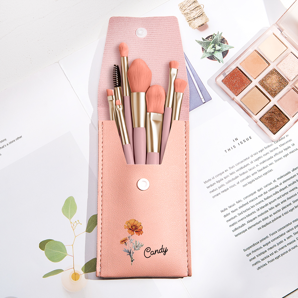 Personalized Birth Flower Leather Makeup Brush Bag with 8 Pcs Makeup Brushes Birthday Wedding Gift