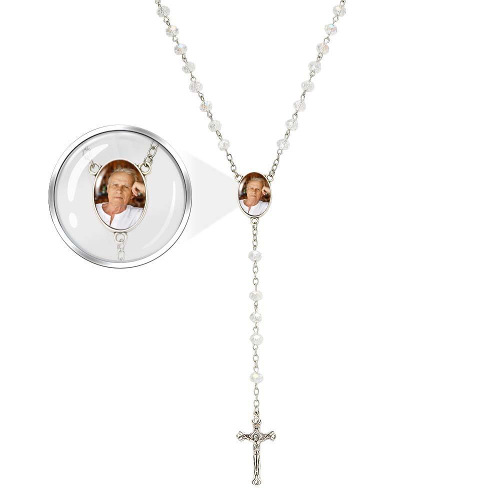 Custom Rosary Beads Cross Necklace Personalized White Color Plated Crystal Beads Necklace with Photo - SantaSocks