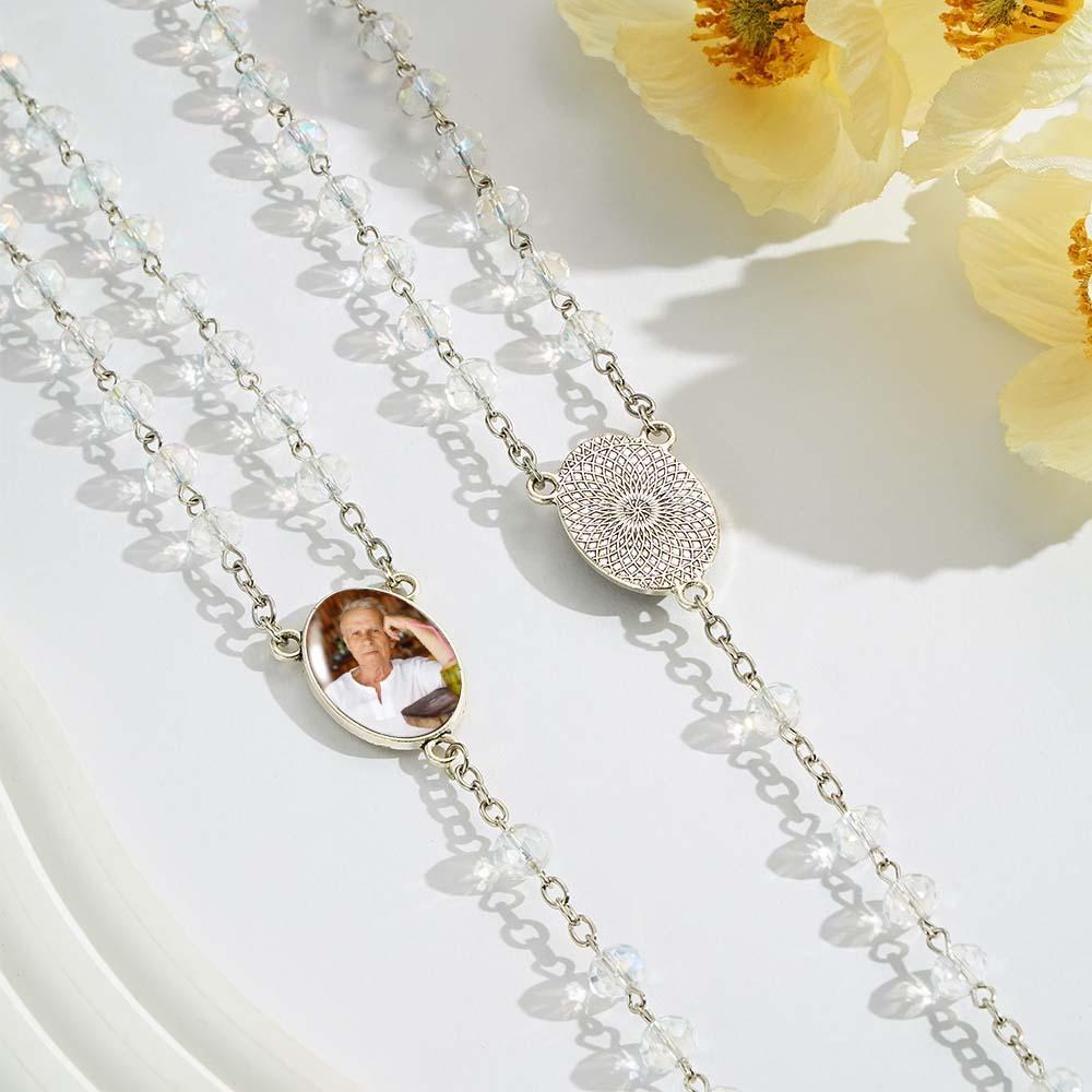 Custom Rosary Beads Cross Necklace Personalized White Color Plated Crystal Beads Necklace with Photo - SantaSocks