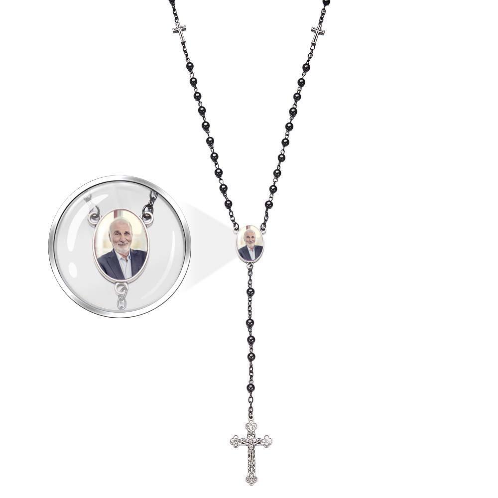 Custom Rosary Beads Cross Necklace Personalized Black Gallstone Cross Necklace with Photo - SantaSocks