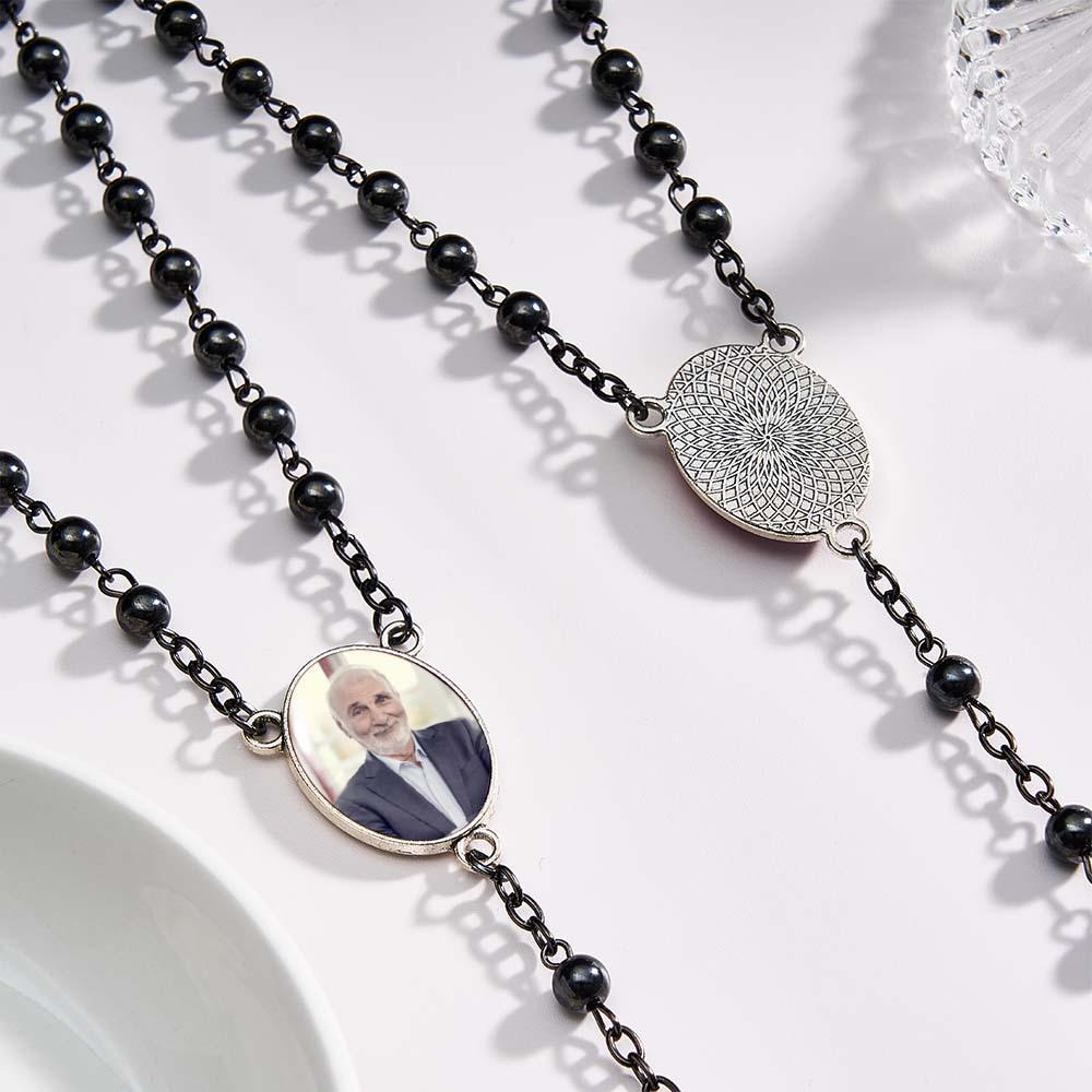 Custom Rosary Beads Cross Necklace Personalized Black Gallstone Cross Necklace with Photo - SantaSocks