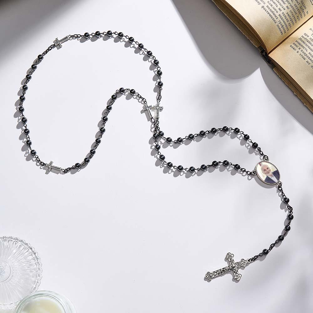 Custom Rosary Beads Cross Necklace Personalized Black Gallstone Cross Necklace with Photo - SantaSocks