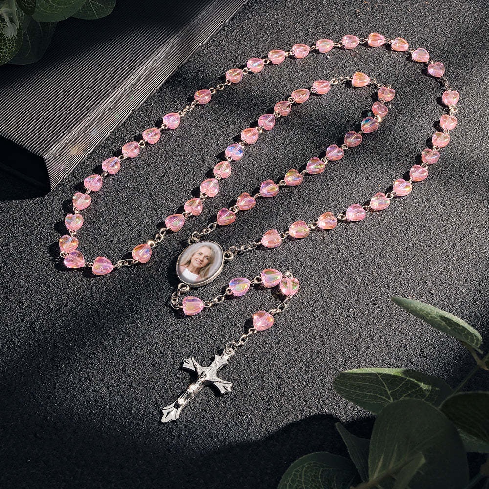 Custom Rosary Beads Cross Necklace Personalized Cross Heart Necklace with Photo - SantaSocks