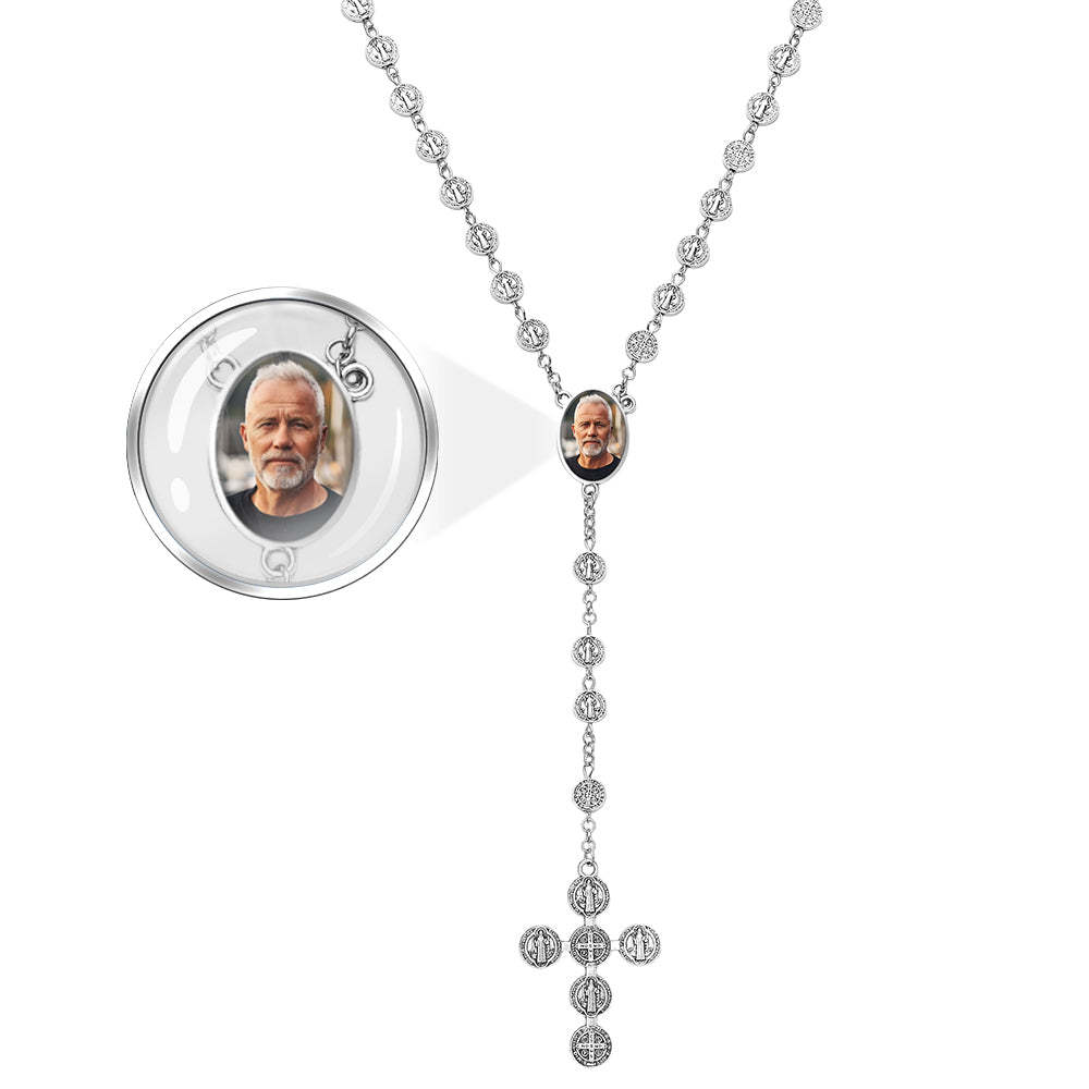 Custom Rosary Beads Cross Necklace Personalized Vintage Alloy Beads Necklace with Photo - SantaSocks
