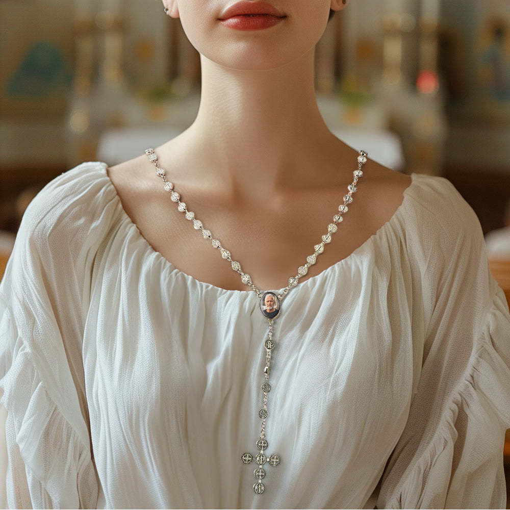 Custom Rosary Beads Cross Necklace Personalized Vintage Alloy Beads Necklace with Photo - SantaSocks