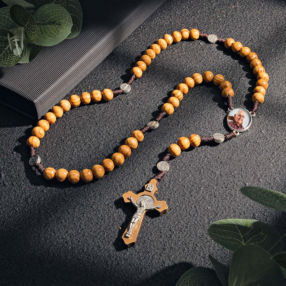 Custom Rosary Beads Cross Necklace Personalized Vintage Light Wood Beads Handwoven Necklace with Photo - SantaSocks