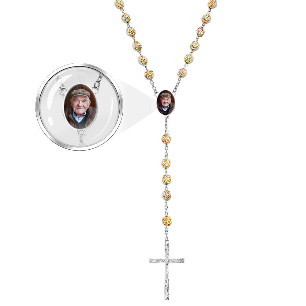Custom Rosary Beads Cross Necklace Personalized Golden Rose Beads Necklace with Photo - SantaSocks
