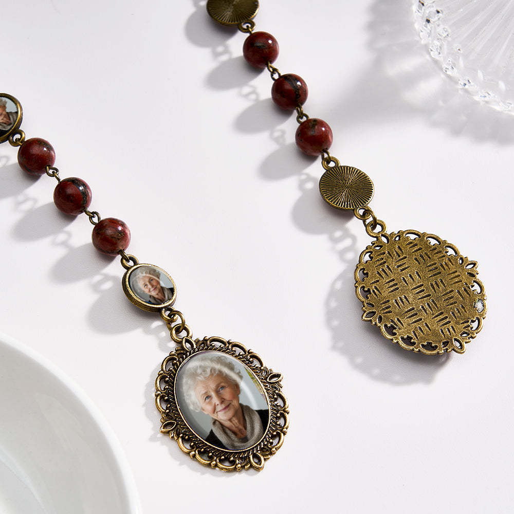 Custom Rosary Beads Cross Necklace Personalized Retro Sesame Stone Necklace with Photo - SantaSocks