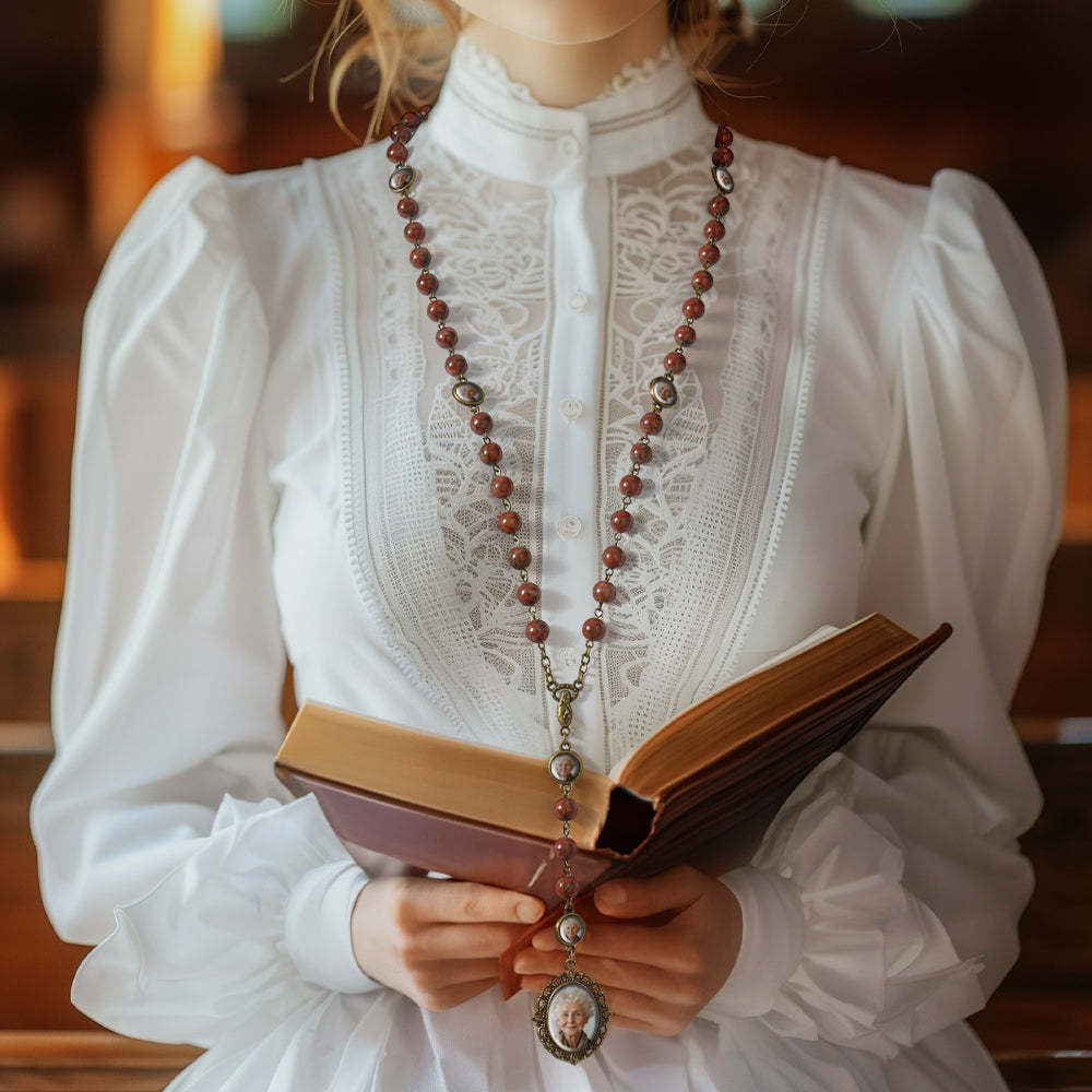 Custom Rosary Beads Cross Necklace Personalized Retro Sesame Stone Necklace with Photo - SantaSocks