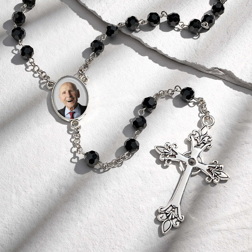 Custom Rosary Beads Cross Necklace Personalized Gothic Cross Necklace with Photo - SantaSocks
