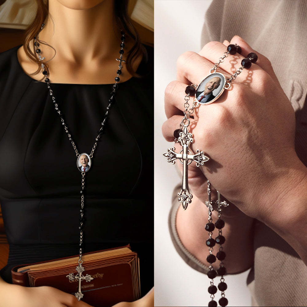 Custom Rosary Beads Cross Necklace Personalized Gothic Cross Necklace with Photo - SantaSocks