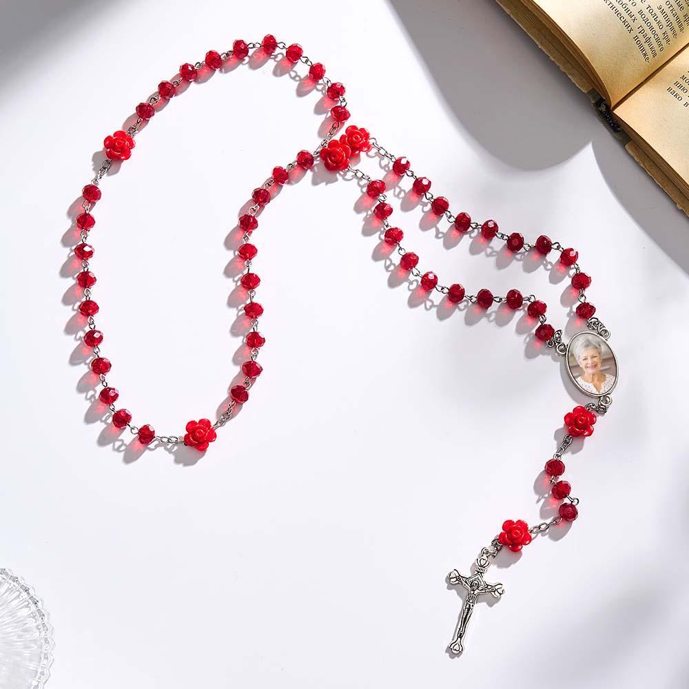 Custom Rosary Beads Cross Necklace Personalized Rose Crystal Necklace with Photo - SantaSocks