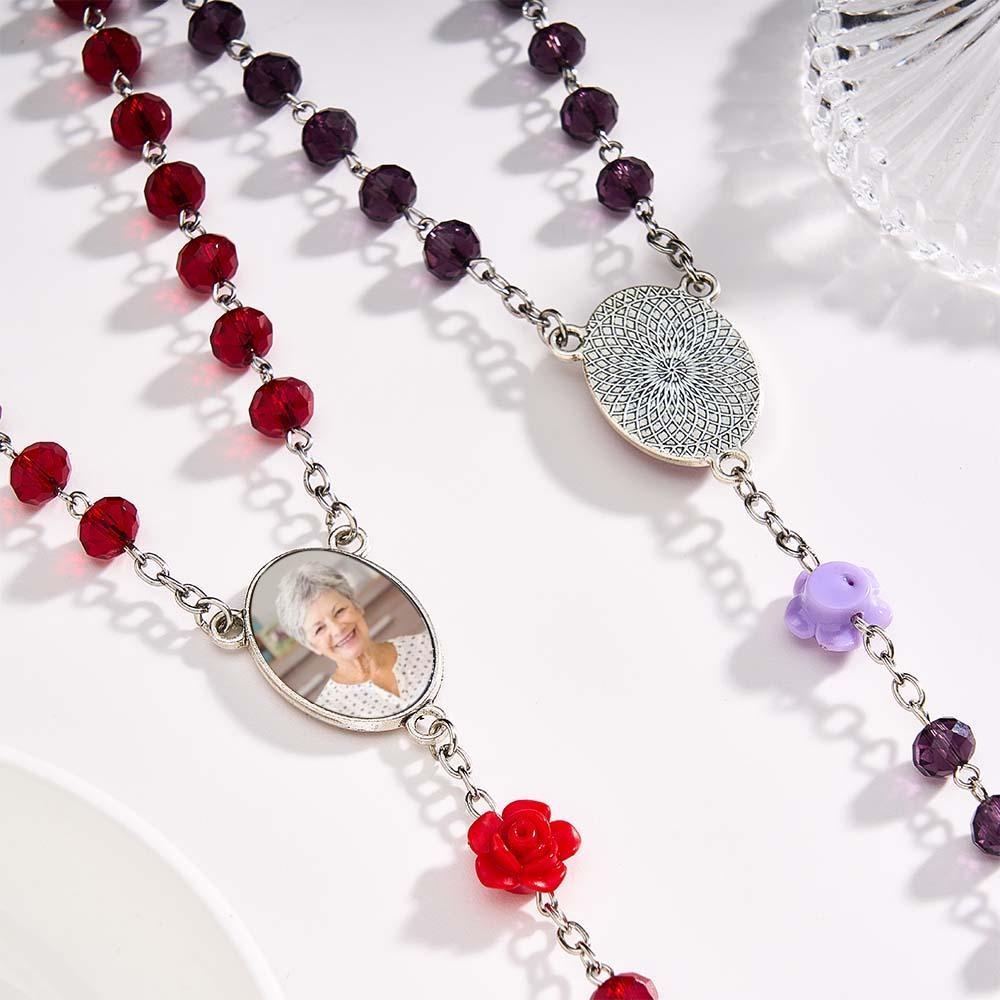 Custom Rosary Beads Cross Necklace Personalized Rose Crystal Necklace with Photo - SantaSocks