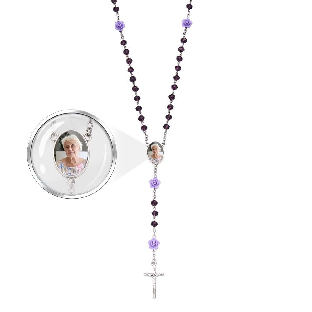Custom Rosary Beads Cross Necklace Personalized Rose Crystal Necklace with Photo - SantaSocks