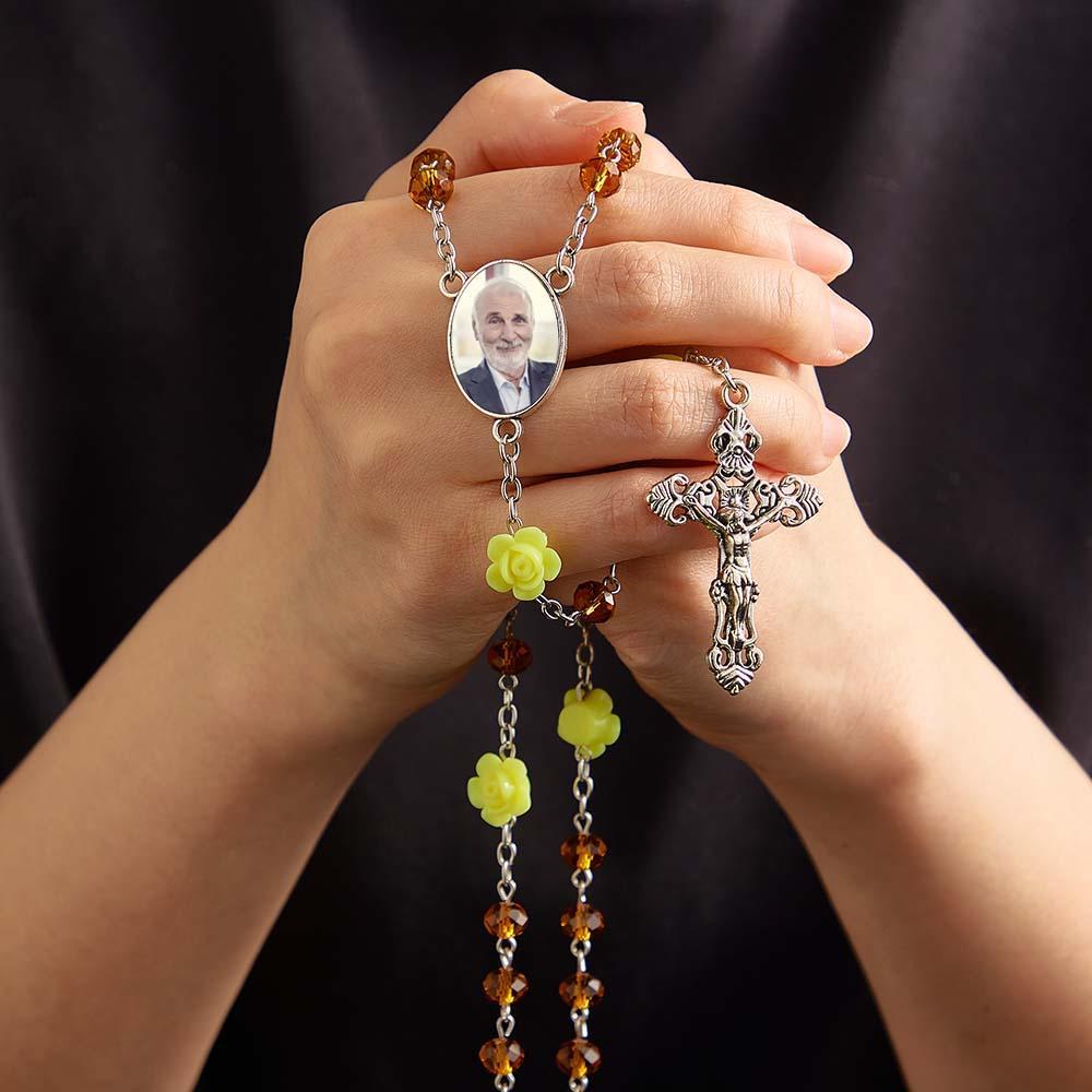 Custom Rosary Beads Cross Necklace Personalized Rose Crystal Necklace with Photo - SantaSocks
