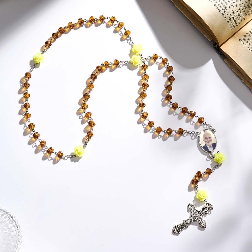Custom Rosary Beads Cross Necklace Personalized Rose Crystal Necklace with Photo - SantaSocks