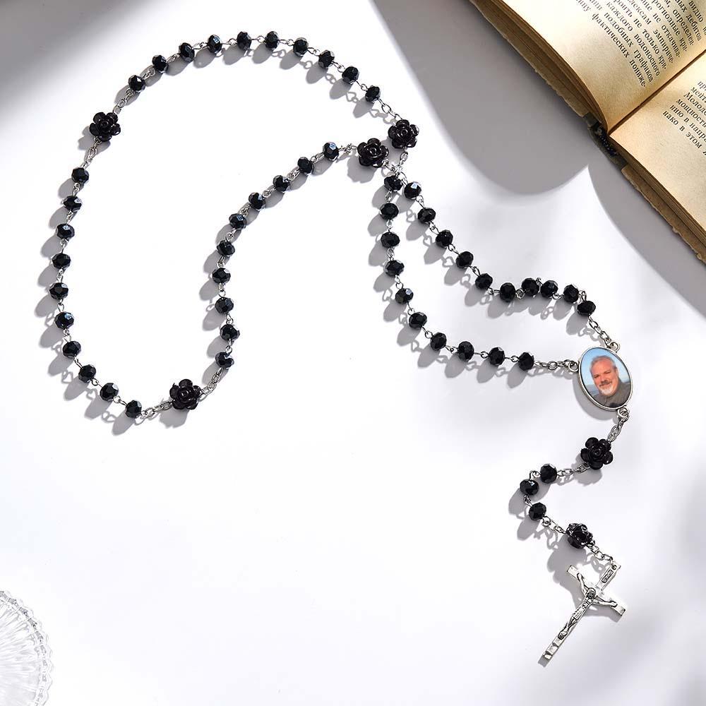 Custom Rosary Beads Cross Necklace Personalized Rose Crystal Necklace with Photo - SantaSocks