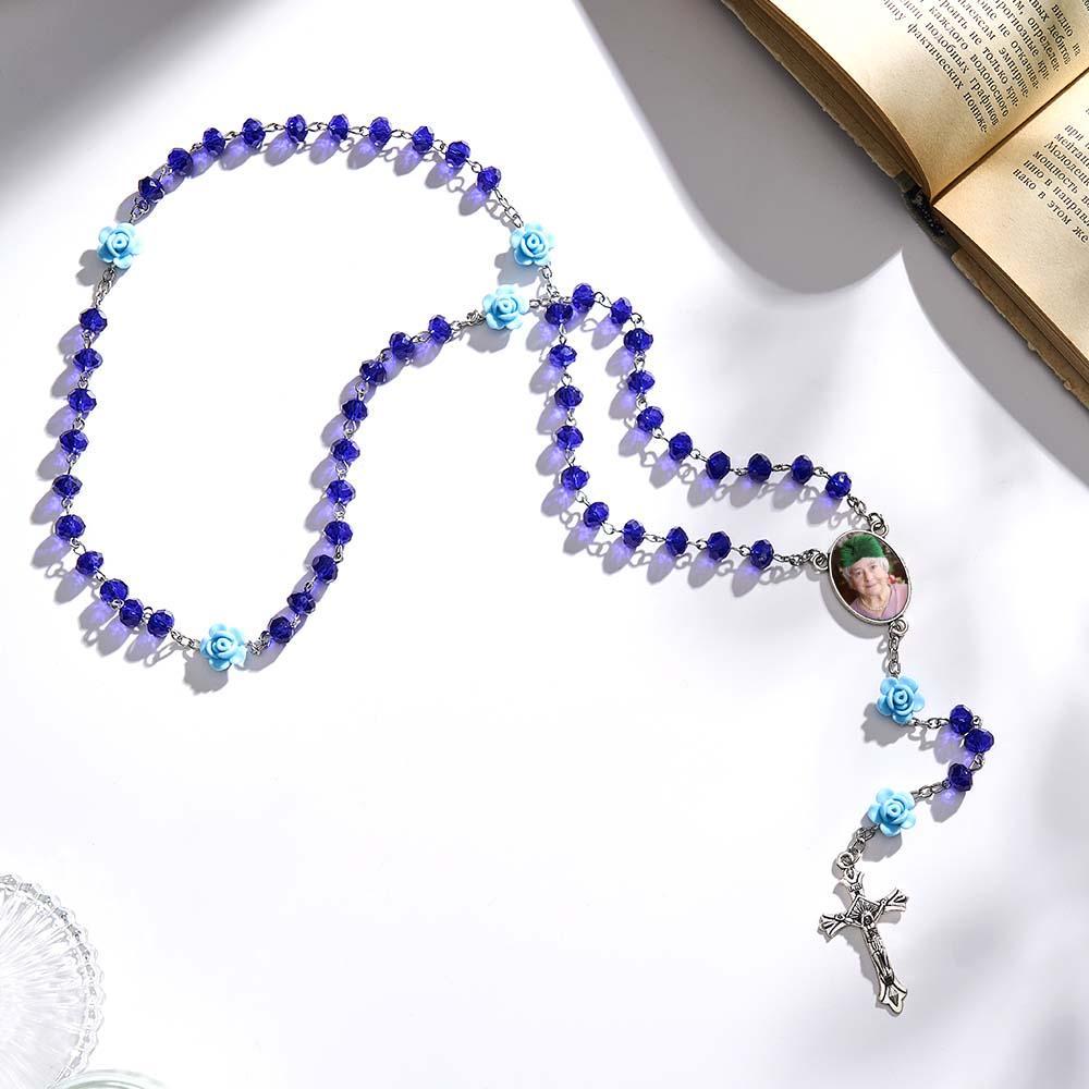 Custom Rosary Beads Cross Necklace Personalized Rose Crystal Necklace with Photo - SantaSocks