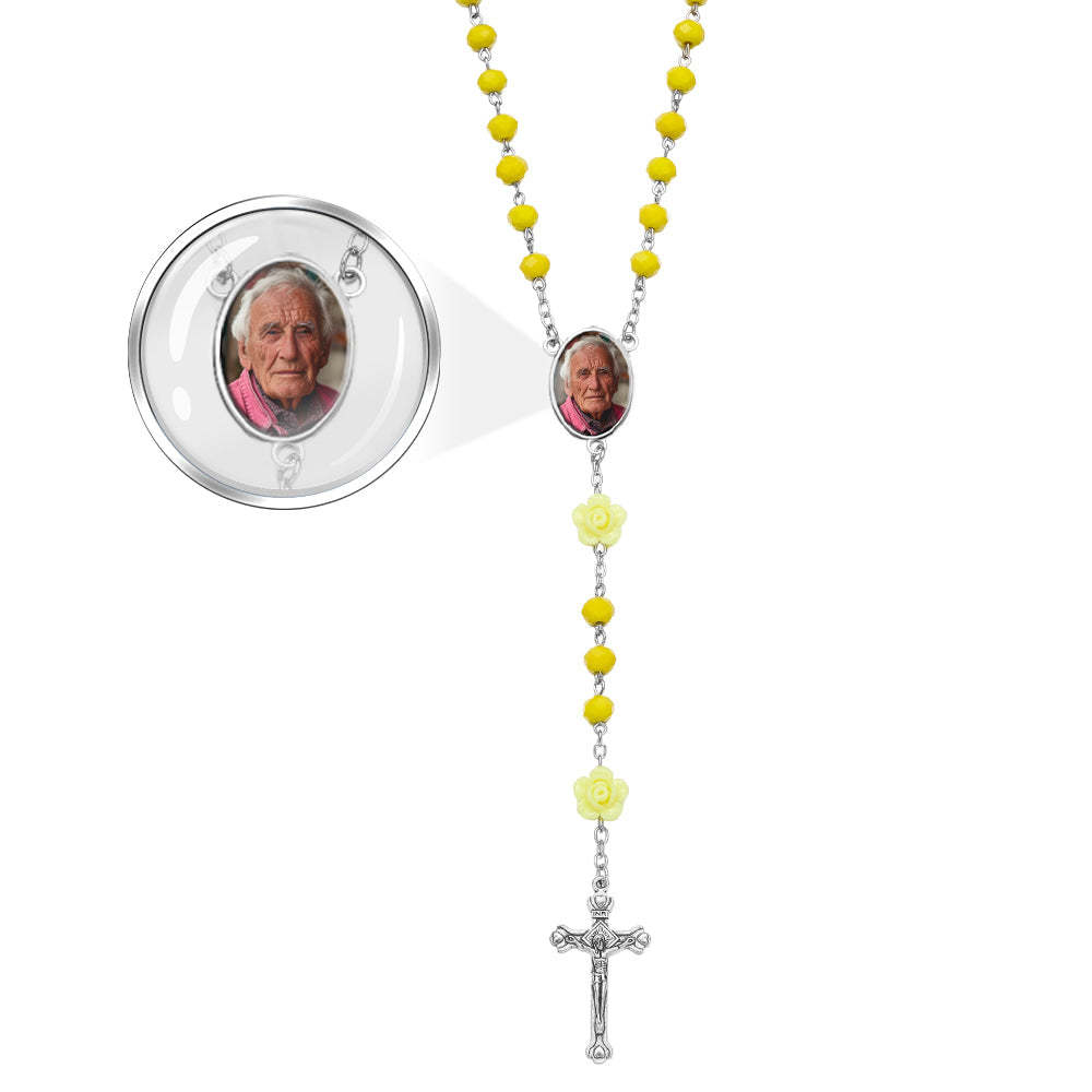 Custom Rosary Beads Cross Necklace Personalized Hip-Hop Style Multi-Color Crystal Necklace with Photo - SantaSocks