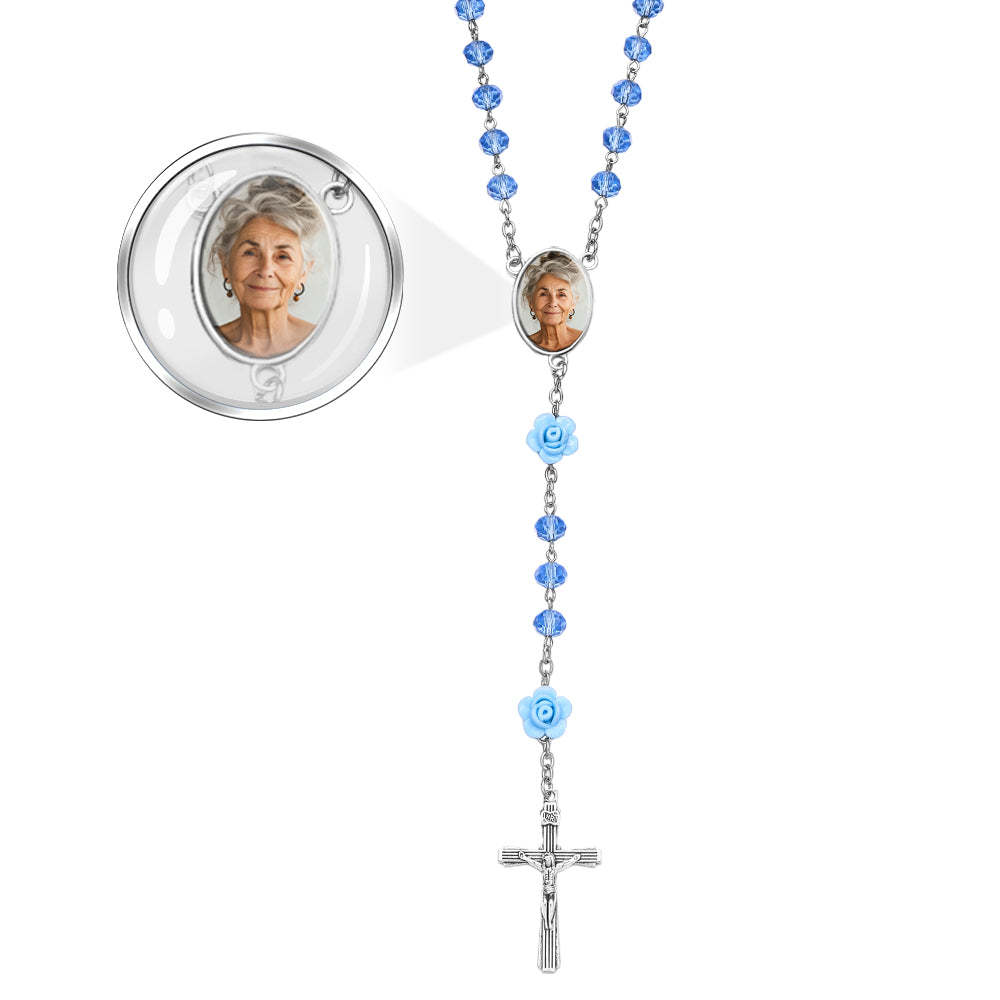 Custom Rosary Beads Cross Necklace Personalized Hip-Hop Style Multi-Color Crystal Necklace with Photo - SantaSocks