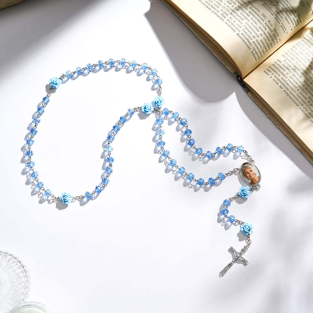 Custom Rosary Beads Cross Necklace Personalized Hip-Hop Style Multi-Color Crystal Necklace with Photo - SantaSocks
